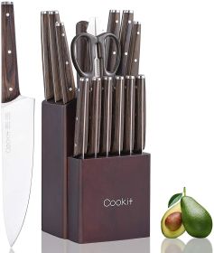 Kitchen Knife Sets; Cookit 15 Piece Knife Sets with Block for Kitchen Chef Knife Stainless Steel Knives Set Serrated Steak Knives with Manual Sharpene